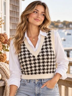 Garage Houndstooth Sweater Vest Cream & Black Size XL Preppy Academia Coquette